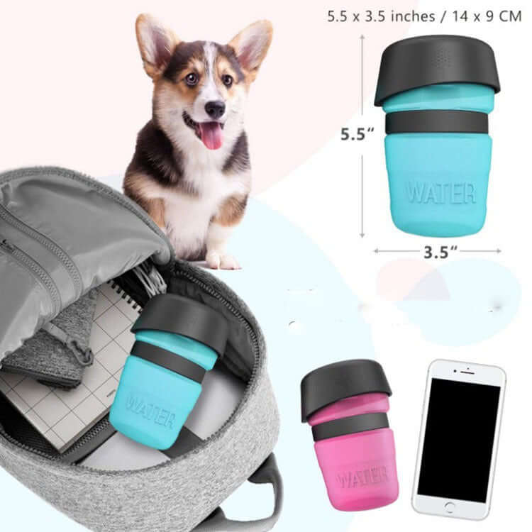 Bouteille d'eau pétillante pour animaux avec chiot, idéale pour l'hydratation lors des aventures.