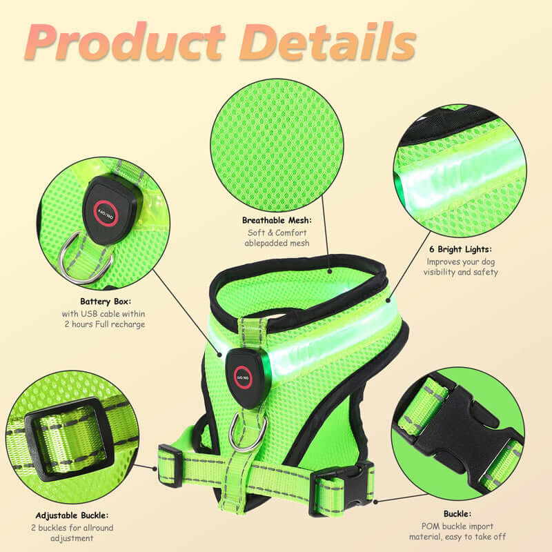 Détails du harnais LED Mesh rechargeable pour chien, avec caractéristiques de sécurité, confort et visibilité.