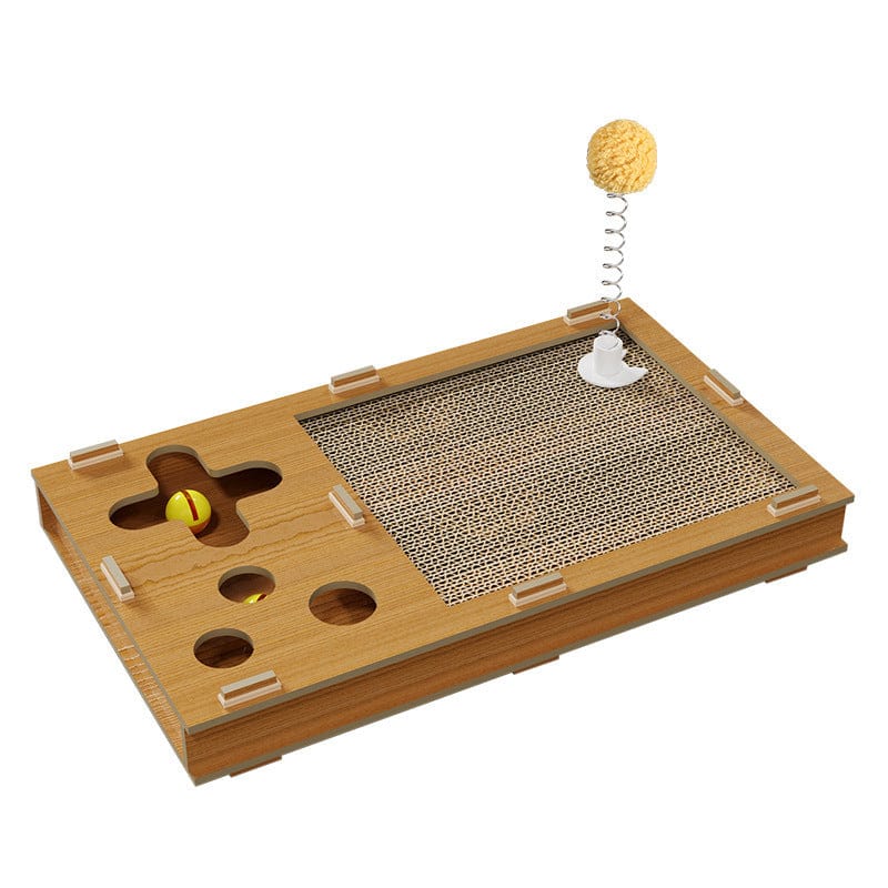 Planche à gratter pour chats en papier ondulé avec jouet interactif en forme de balle.