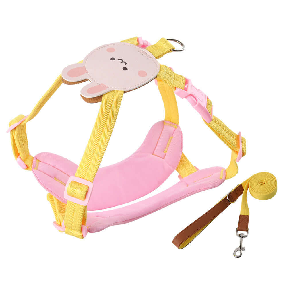 Harnais pour petit chien en polyester rose avec leash, confortable et sécurisé pour les promenades.