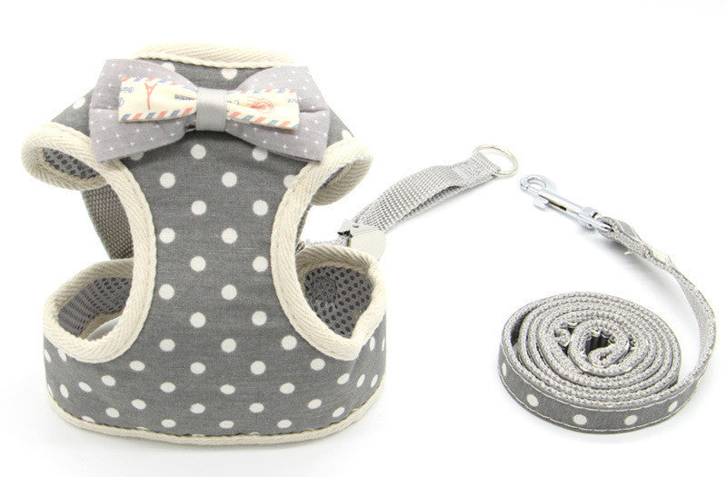 Harnais de traction pour chat à pois gris avec laisse, conçu pour des promenades confortables et sécurisées.