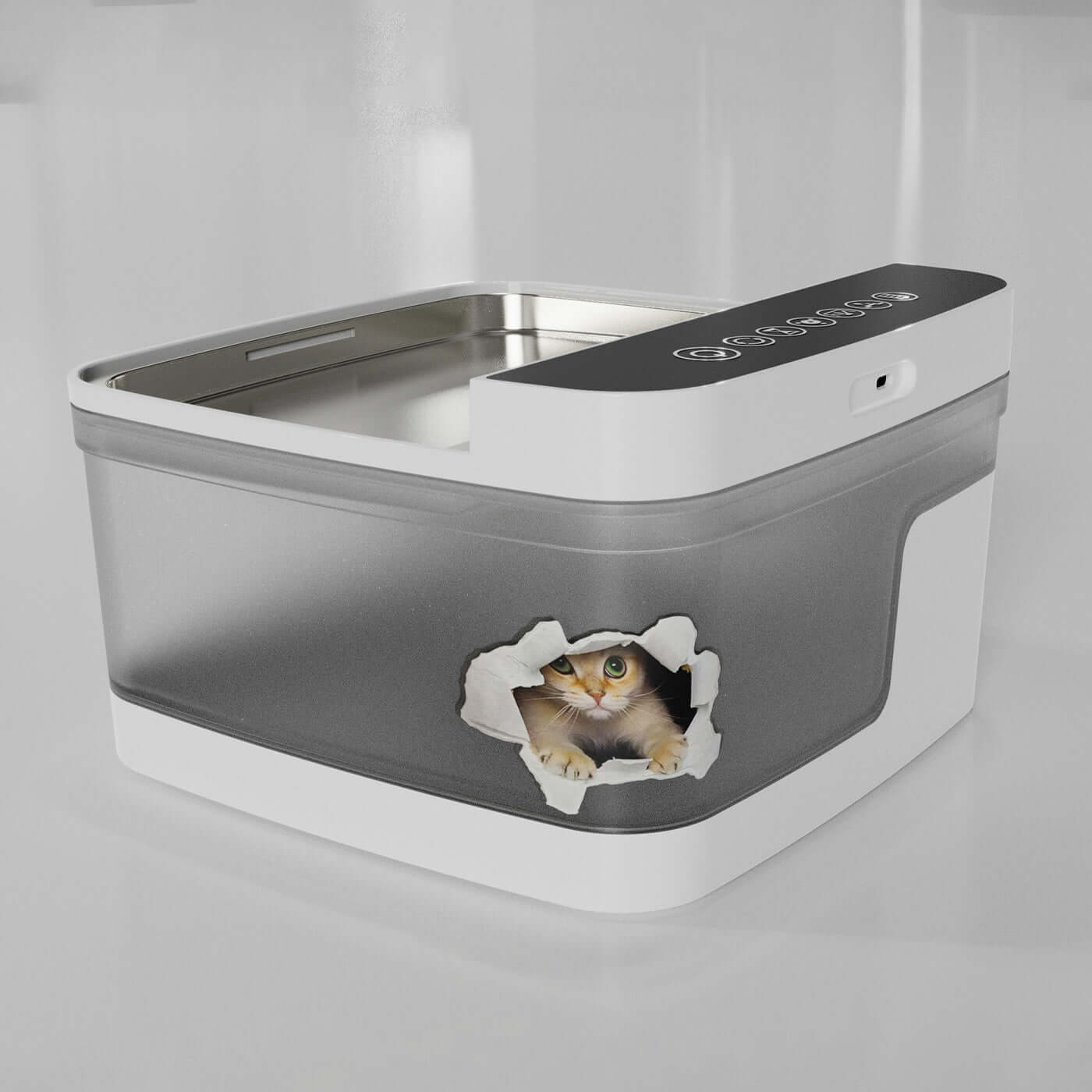 Distributeur d'eau pour animaux avec un design moderne et un chat curieux à travers un trou.