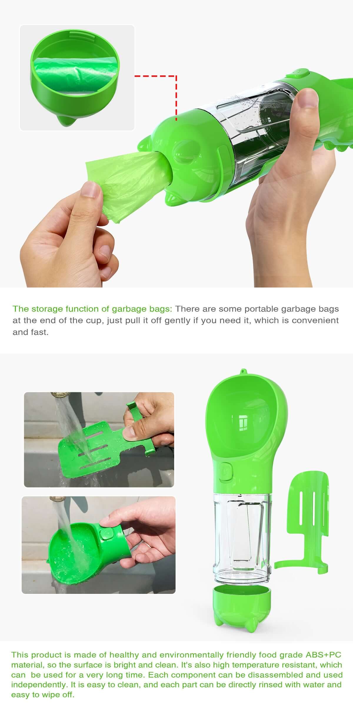 Bouteille d'eau multifonctionnelle verte avec fonction de stockage pour sacs poubelle pour chiens et chats.