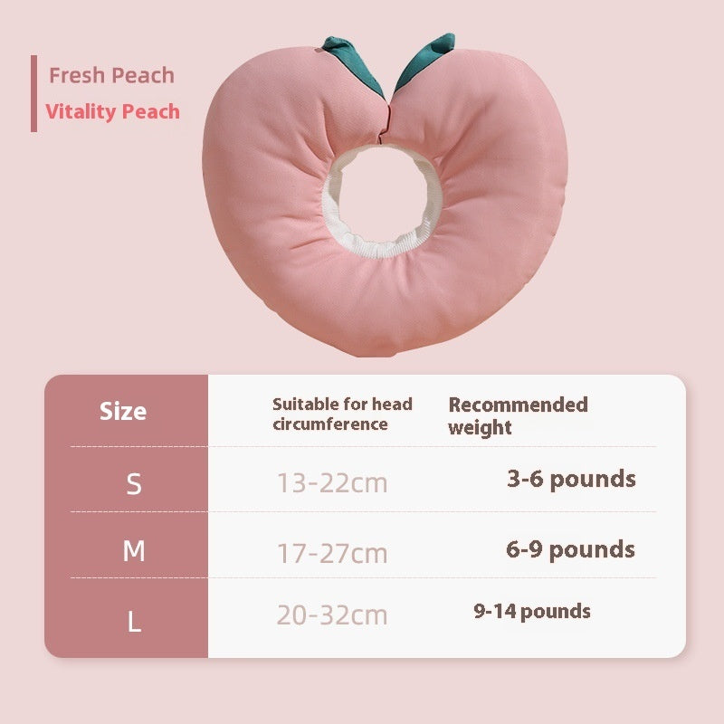 Collier anti-léchage en forme de pêche, taille et poids recommandés pour chaton, design joyeux.