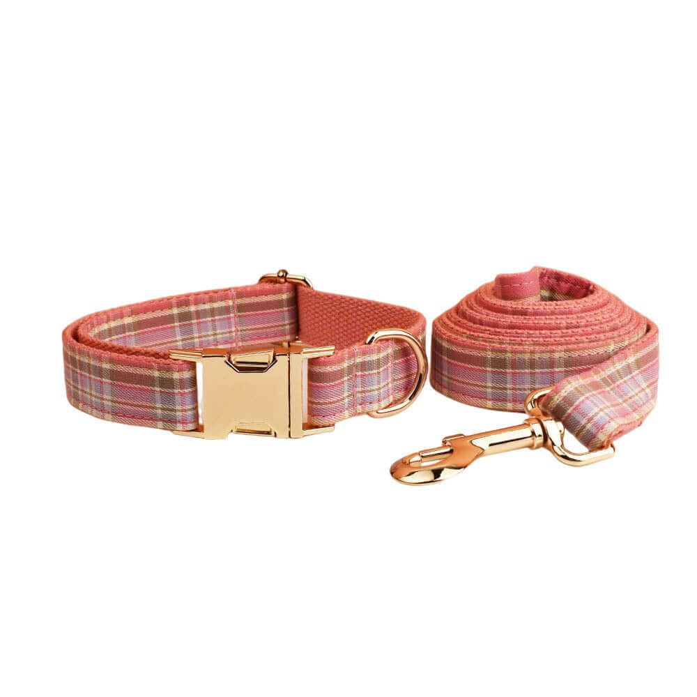 Collier et laisse à carreaux pour animaux, ensemble élégant pour promenades, en coton biologique.