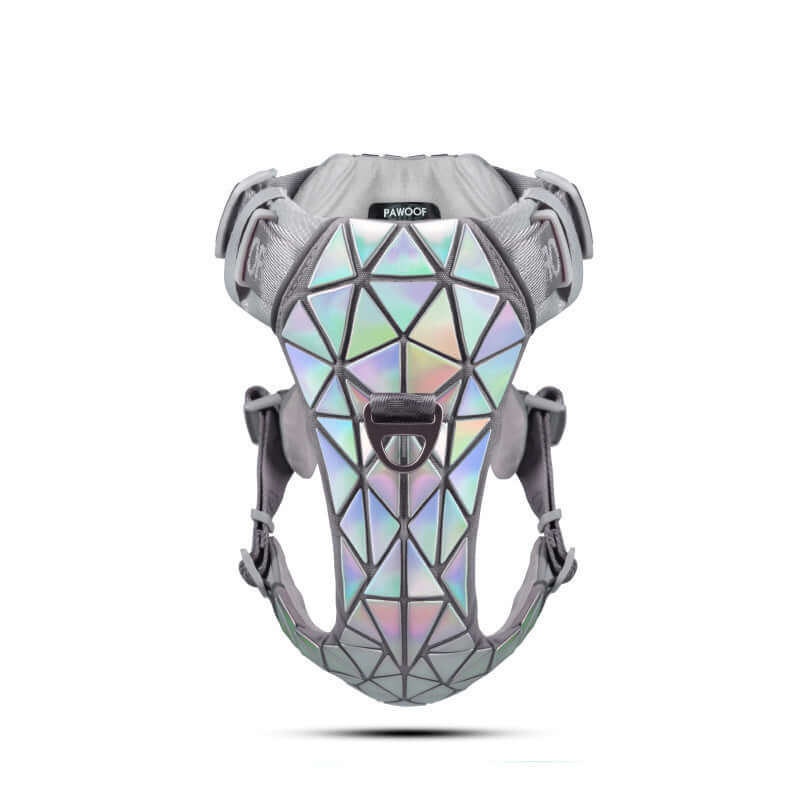 Harnais de traction pour chien en cuir gris, design moderne avec motifs géométriques et sangle réglable.