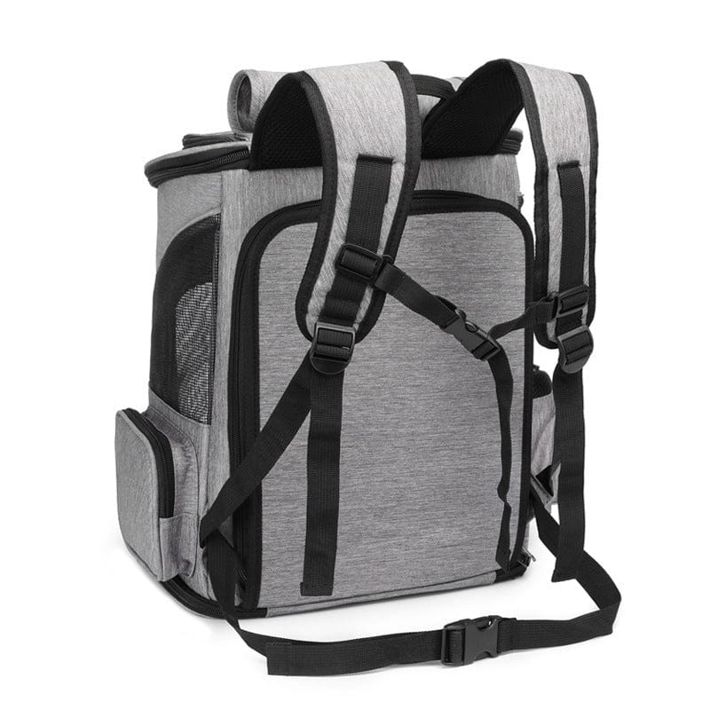 Sac à dos extensible pour animaux, gris et noir, avec bretelles réglables et poches fonctionnelles.