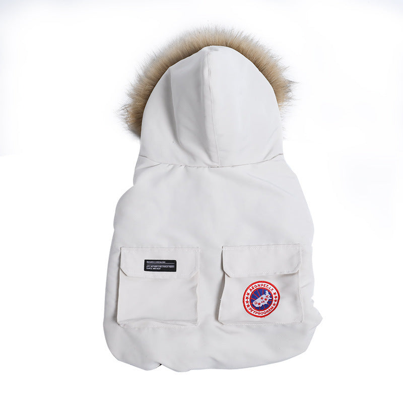 Gilet matelassé en coton blanc avec capuche et poches, style décontracté pour animaux.
