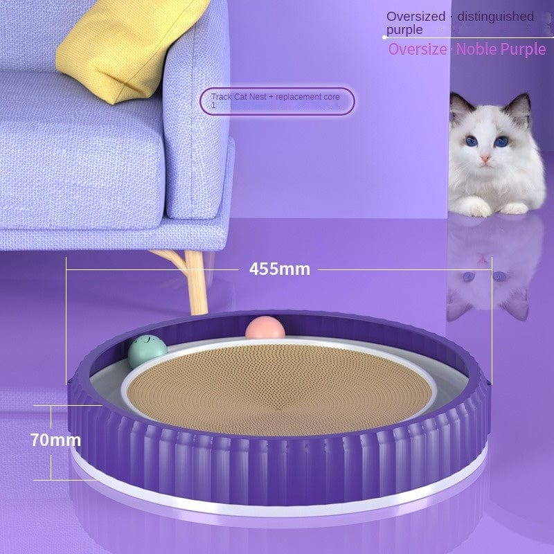 Planche à gratter ronde pour chat en violet, avec jouets intégrés pour un divertissement optimal.