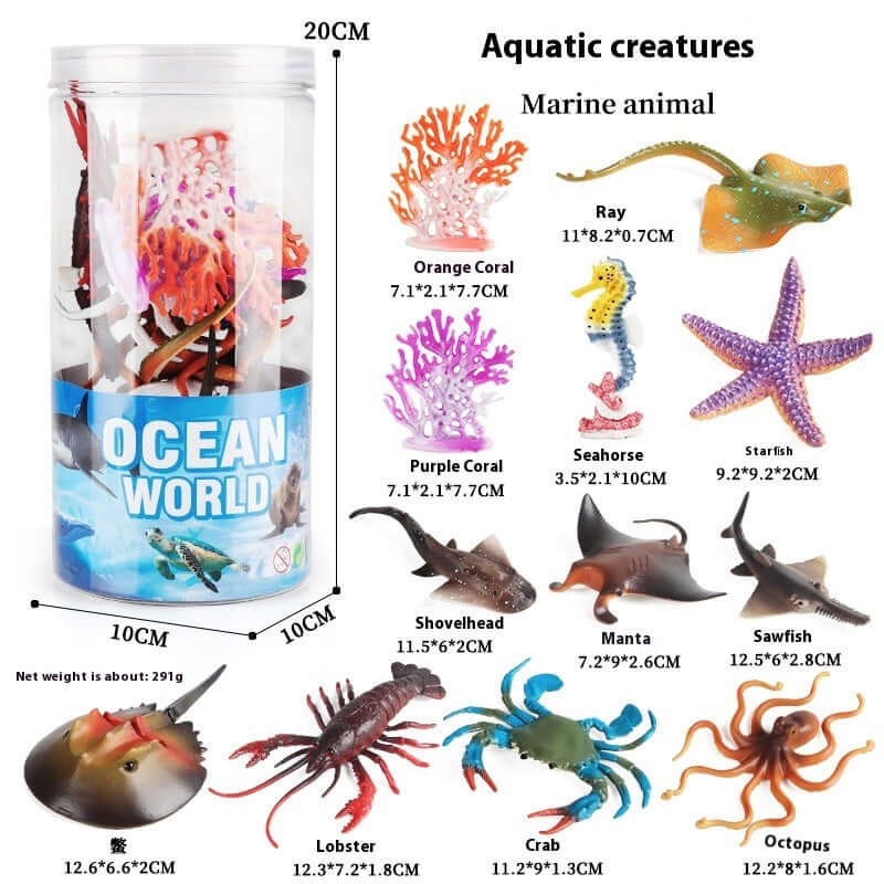 Modèle d'animaux marins comprenant un rayon, un seahorse, et diverses créatures dans un emballage transparent.