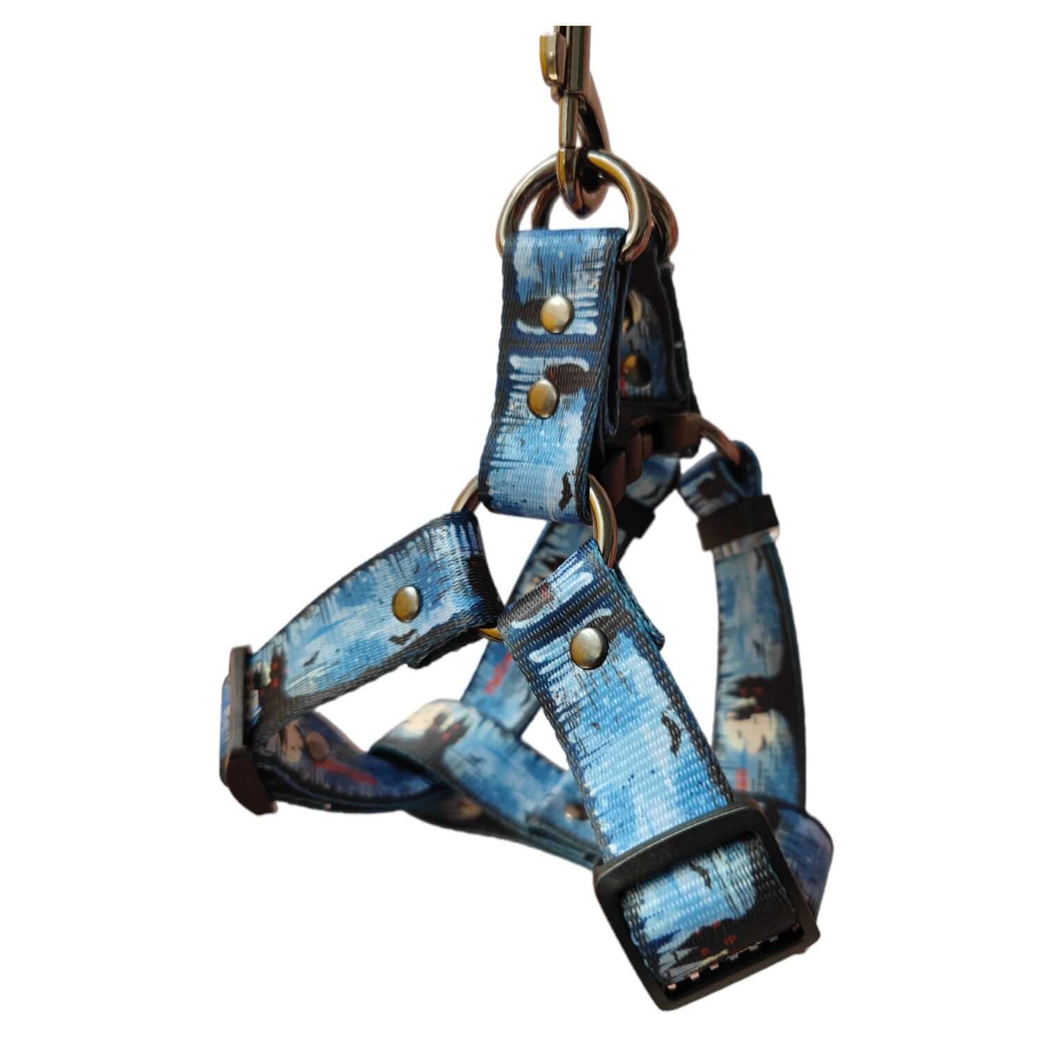 Harnais pour chien à imprimé stylé en polyester avec des motifs colorés, conçu pour le confort et la mode.