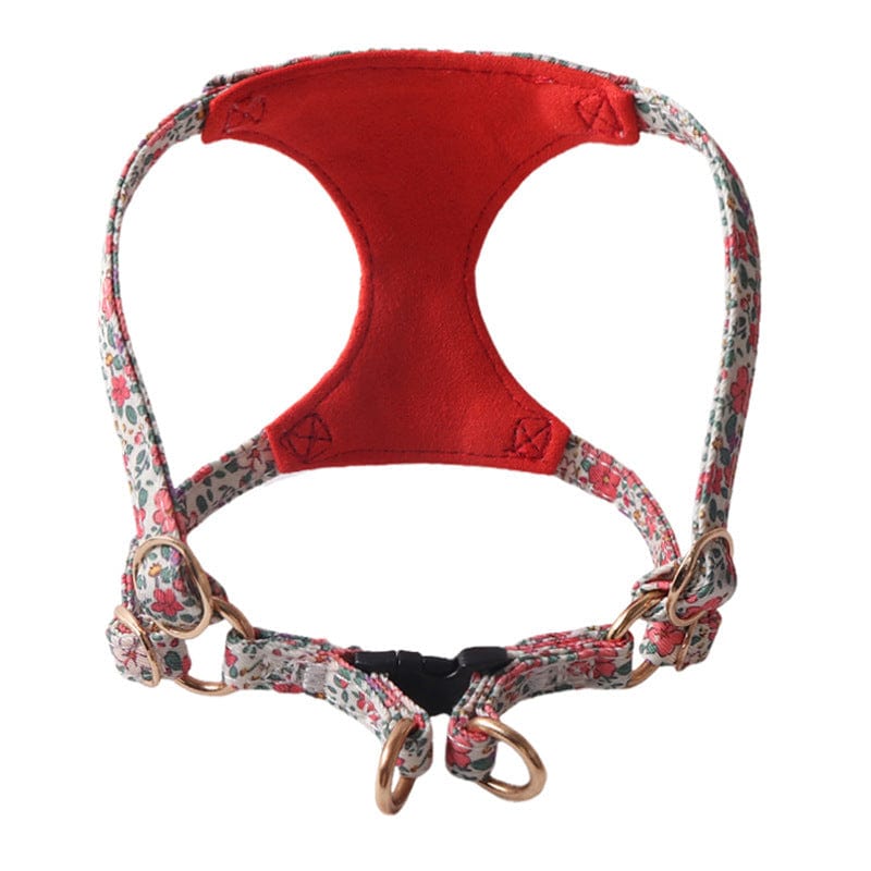 Harnais floral élégant pour animaux avec détails rouges et motifs fleuris, parfait pour le style et confort.