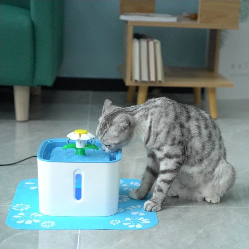 Chat buvant de l'eau d'un distributeur d'eau circulaire électrique pour animaux sur un tapis