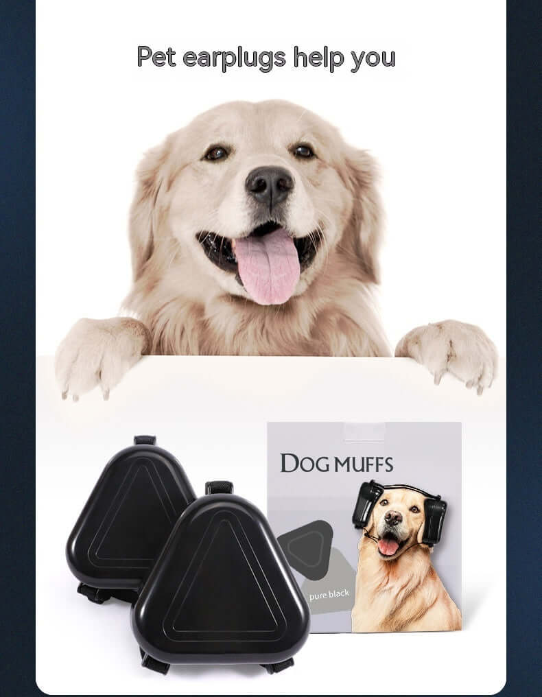 Cache-oreilles pour chien, offrant confort et protection contre le bruit, avec un chien heureux en arrière-plan.