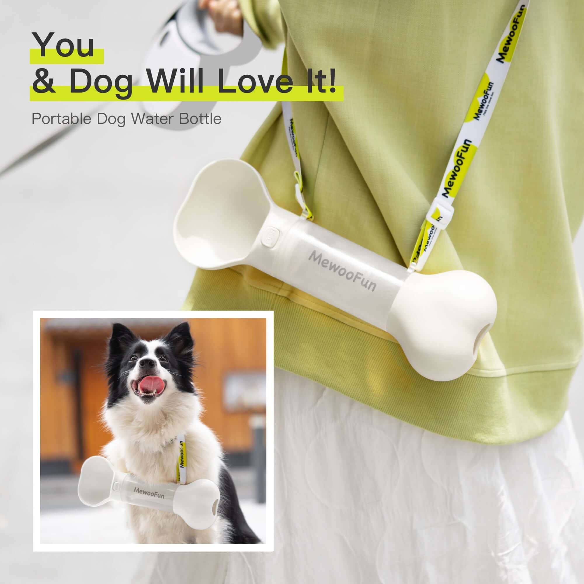 Mewoofun portable dog water bottle designed like a bone, easy hydration for dogs during walks and travel.