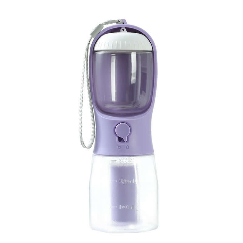 Gobelet d'eau portable 3-en-1 pour animaux avec conteneur à nourriture et compartiment pour sacs.