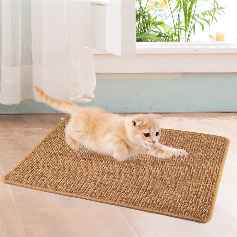 Chat jouant sur un tapis anti-rayures en sisal naturel, idéal pour protéger les meubles.