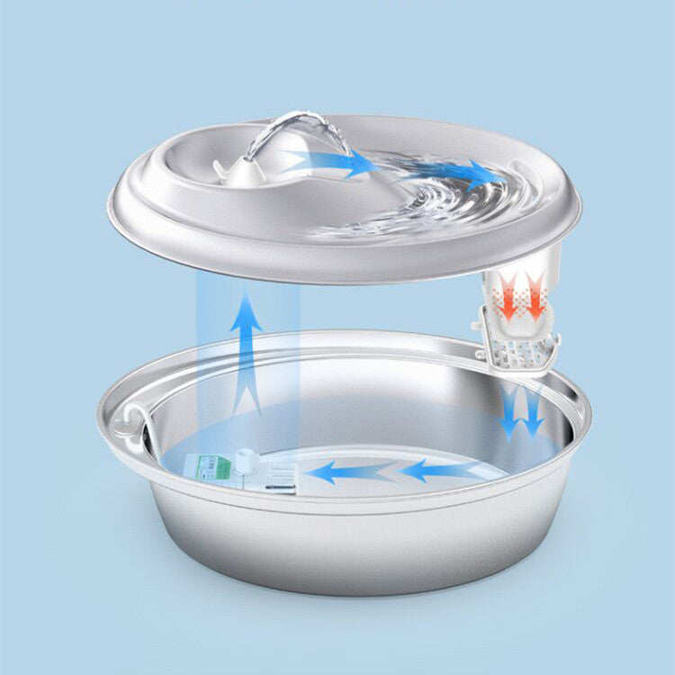 Distributeur d'eau en acier inoxydable avec circulation d'eau et filtre, pour animaux de compagnie.