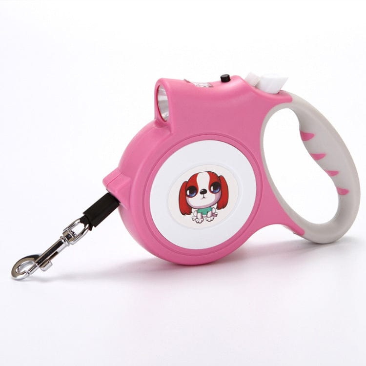 Laisse automatique lumineuse pour chien en rose avec design de chien, parfaite pour les promenades nocturnes.