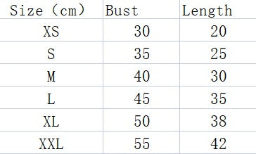 Size chart for dog apparel showing measurements in centimeters for XS to XXL.