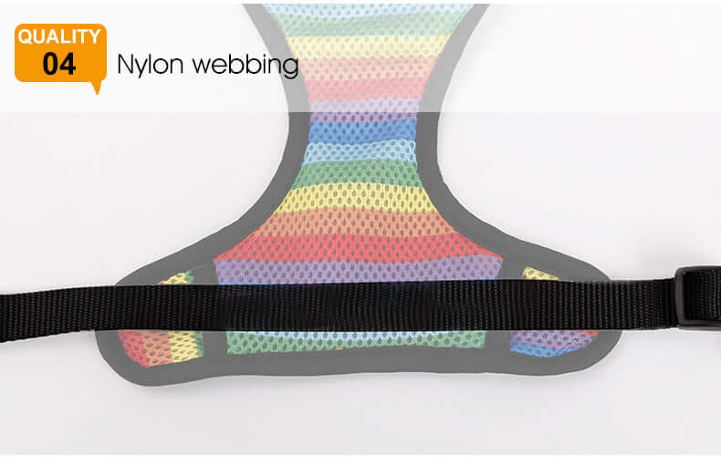 Harnais Arc-en-Ciel en nylon avec rayures colorées, parfait pour le confort et le style de votre animal.