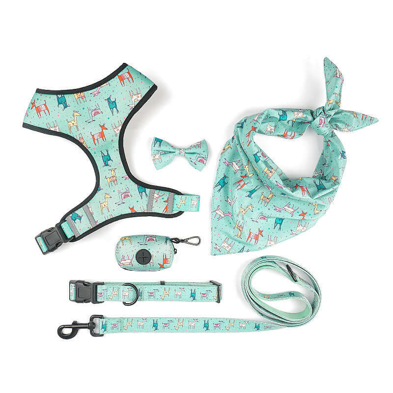 Harnais de chien avec laisse, bandana et nœud en polyester cyan, parfait pour un style unique lors des promenades.