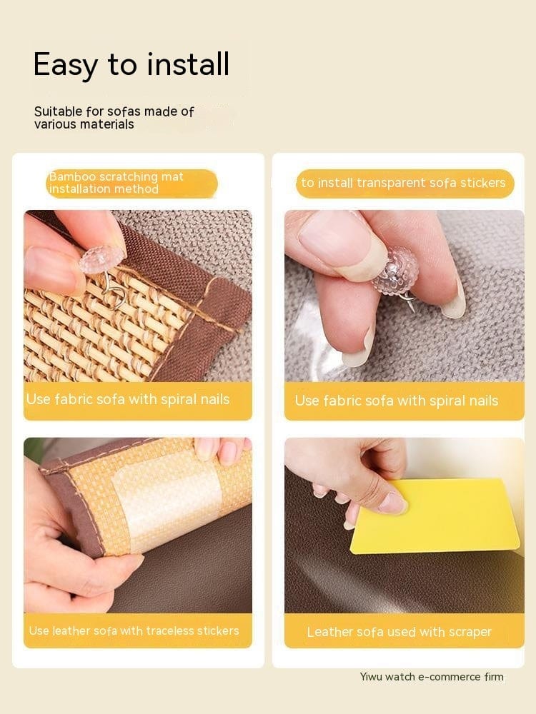 Installation method for bamboo sofa scratch protection, showing fabric and leather techniques.