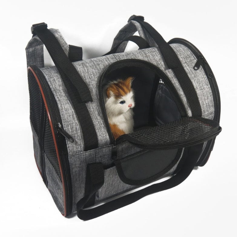Panier de transport multifonctionnel gris pour chiens et chats avec fenêtre en mesh.