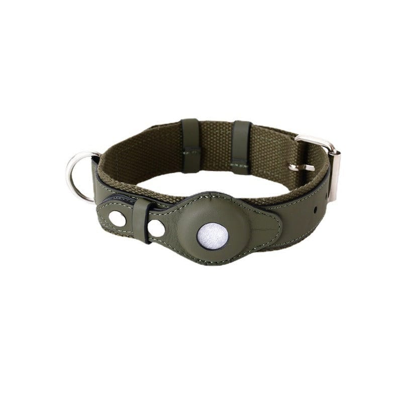 Collier pour chien avec tracker Apple Airtag, ajustable et durable, en cuir de haute qualité, couleur olive.