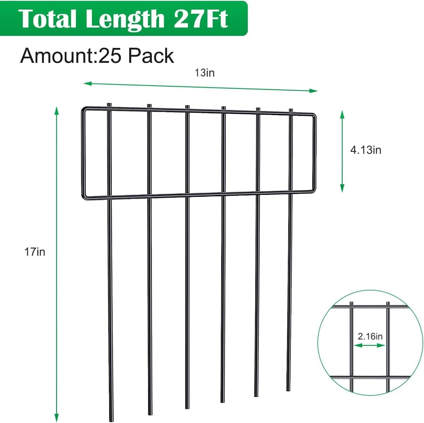 Clôture en métal pour jardin, 27 pieds, 25 pack, dimensions 13x4.13x17 pouces, idéale pour la sécurité des animaux.