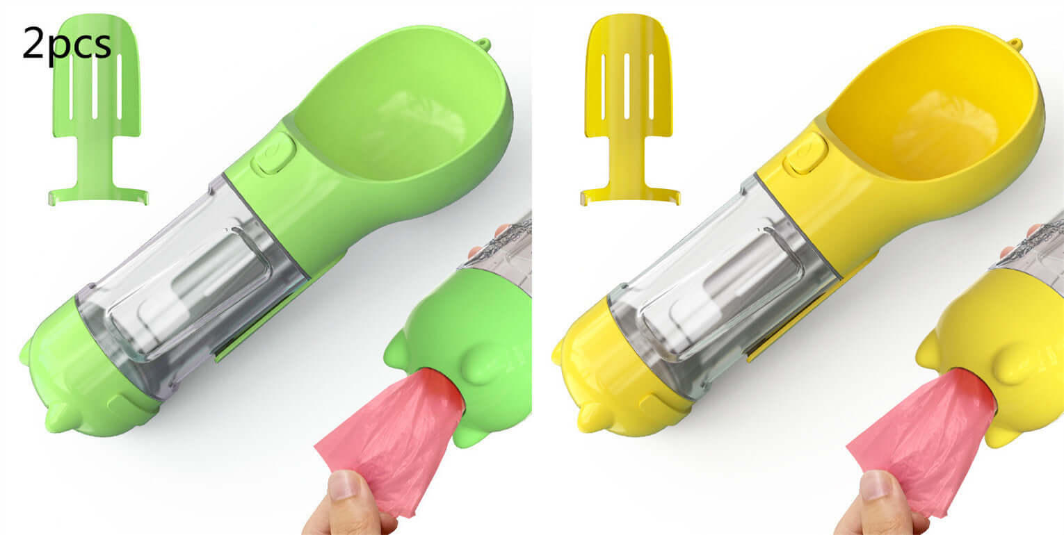 Bouteille d'eau portable 3 en 1 pour animaux, verte et jaune, avec accessoires pour promenade et hydratation.