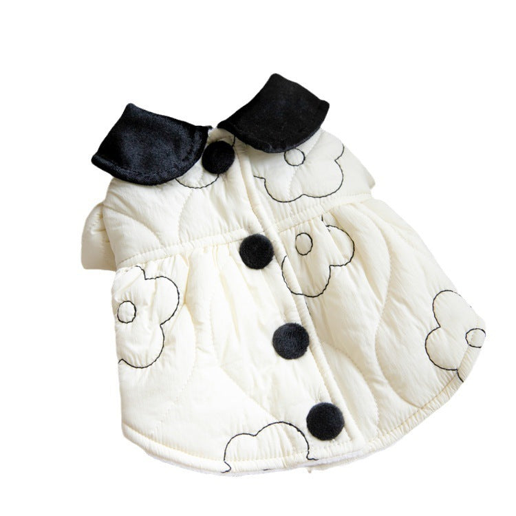 Vêtement pour chien en velours coton blanc avec col noir et motifs floraux, idéal pour l'automne et l'hiver.