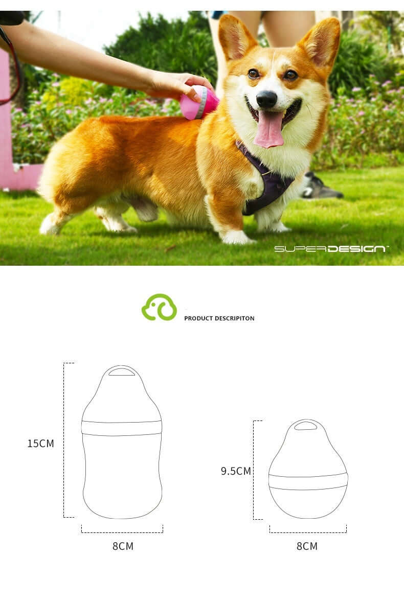 Bouteille pliable en silicone pour animaux, idéale pour transporter eau et nourriture, avec un design mignon et pratique.
