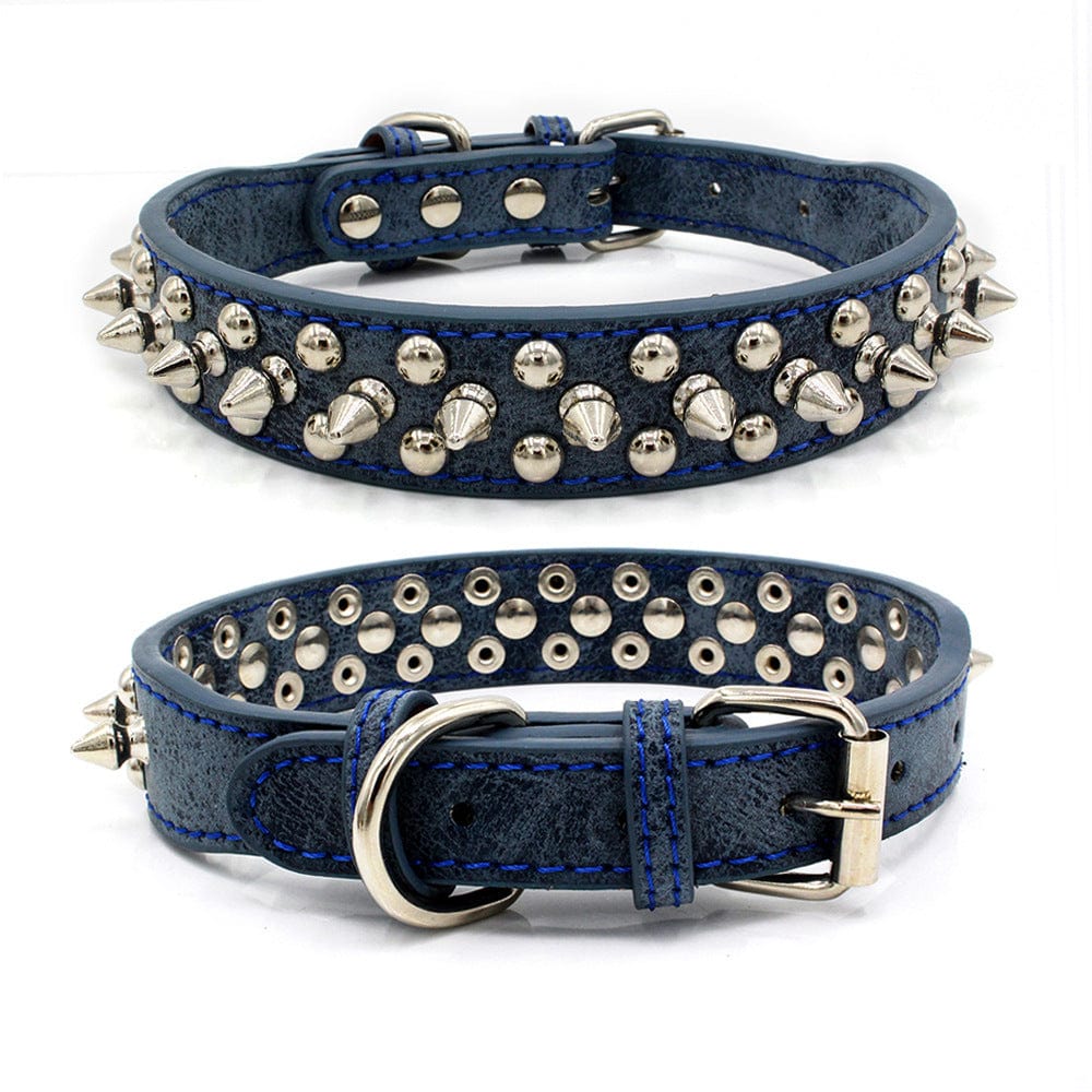 Collier pour chien en PU bleu avec rivets en métal, durable et confortable pour votre animal de compagnie.