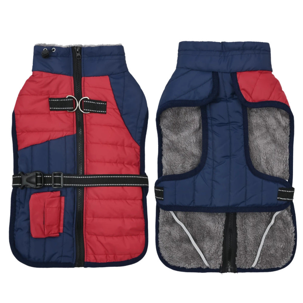 Manteau chaleureux pour chien, épais et confortable, avec une coupe décontractée en polyester, coloris bleu et rouge.