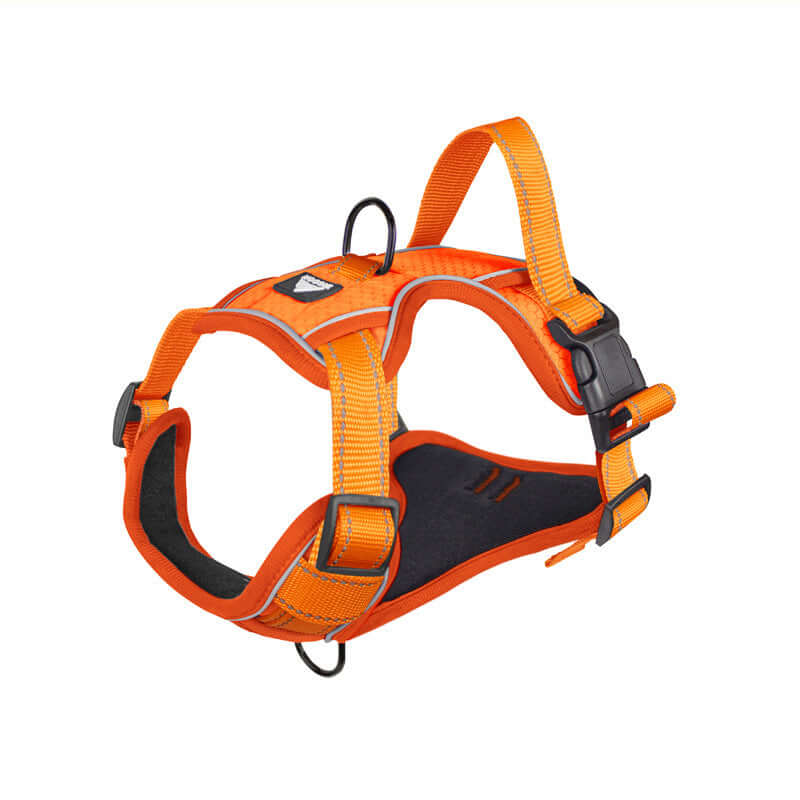 Harnais réfléchissant orange pour chien, léger et confortable, idéal pour la sécurité lors des promenades.
