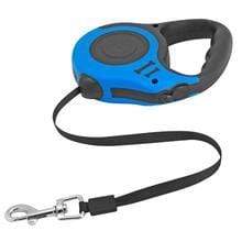 Laisse télescopique automatique bleue pour chien, idéale pour des promenades confortables et sécurisées.