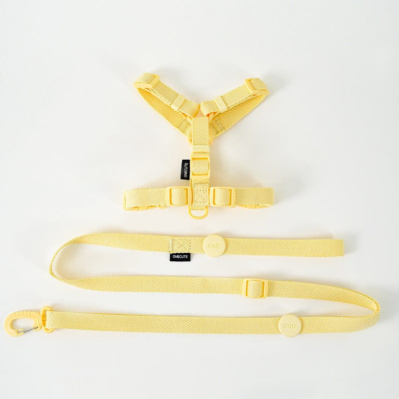 Collier H-type macaron jaune pour chien avec laisse assortie, en nylon pour confort et sécurité.