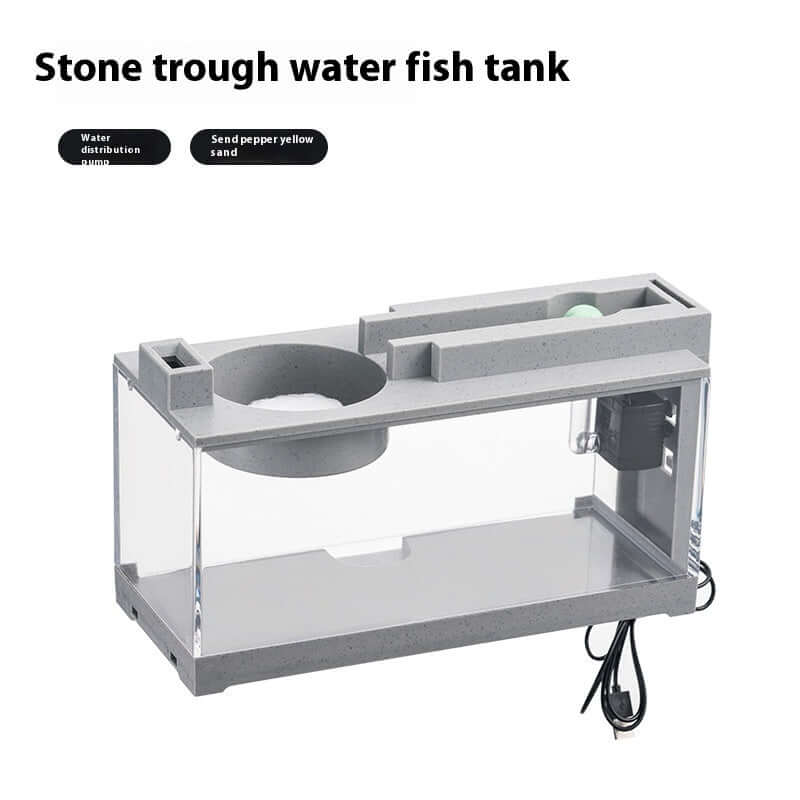 Aquarium miniature en béton avec filtration et éclairage, parfait pour petits espaces et passionnés d'aquariophilie.