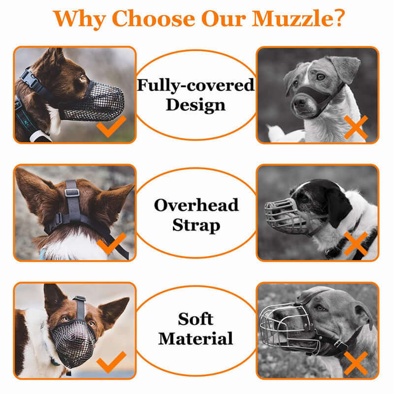 Infographic highlighting benefits of dog muzzles: fully-covered design, overhead strap, and soft material.