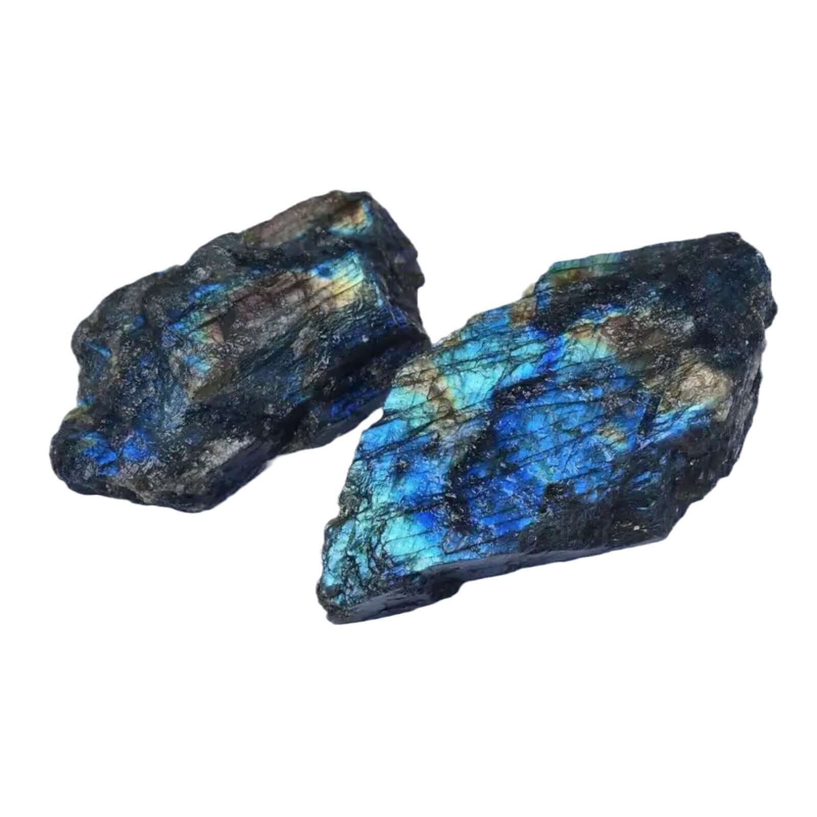 Ornements en labradorite polie, pierres naturelles avec des reflets bleu et or pour décoration intérieure.