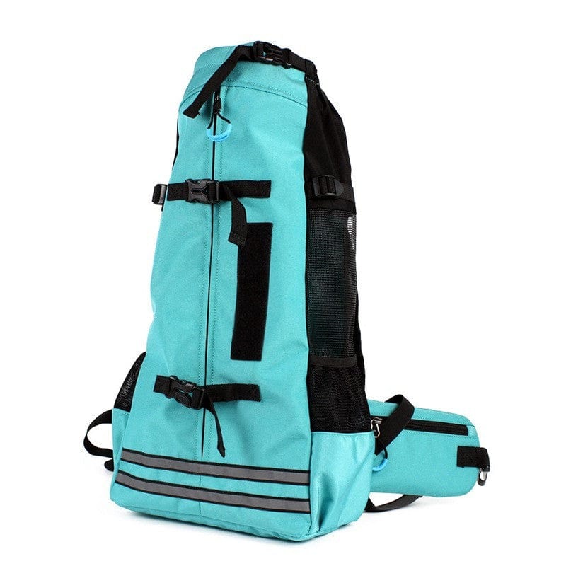 Sac à dos respirant pour animaux, bleu turquoise, design ergonomique, idéal pour voyage avec un animal de compagnie.