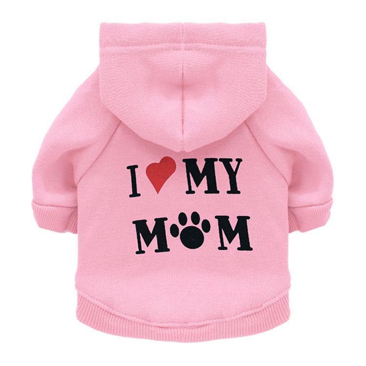 Vêtement pour chien rose avec inscription 'I ❤️ MY MOM', idéal pour le confort et le style de votre compagnon.