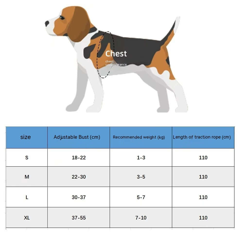 Size chart for dog harness showing adjustable bust, weight, and traction rope length for various sizes.