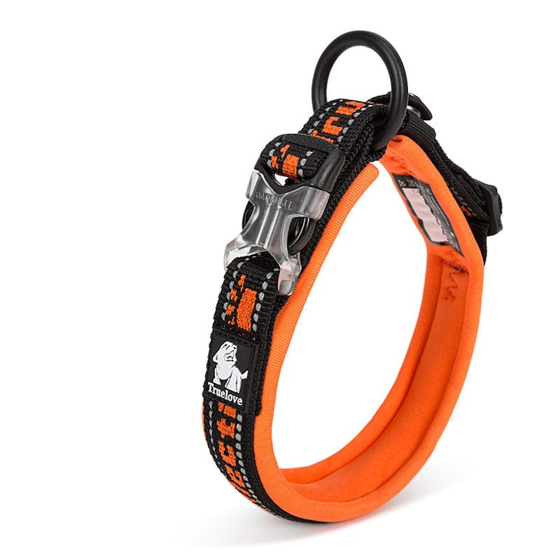 Collier de harnais pour chien grand en nylon noir et orange, idéal pour l'entraînement et la sécurité.