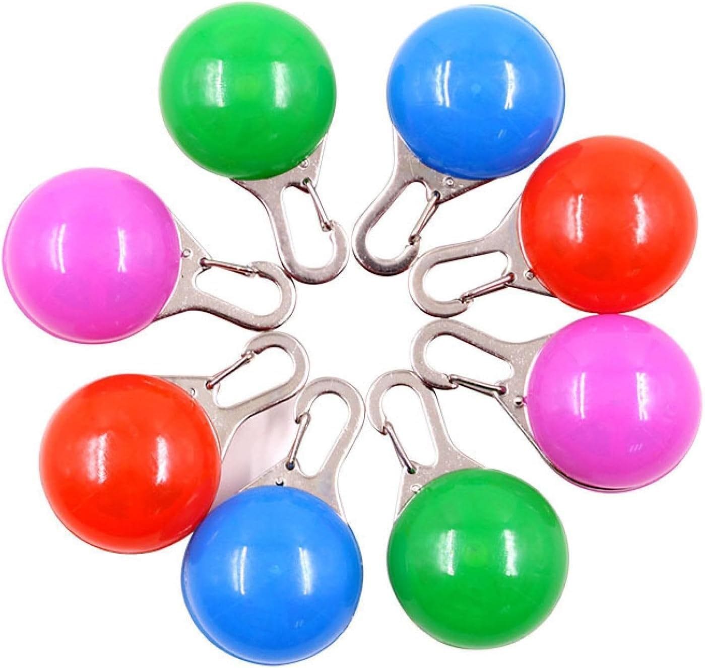 Colorful LED collar tags for pets, available in pink, green, blue, and red, ensuring visibility and safety.