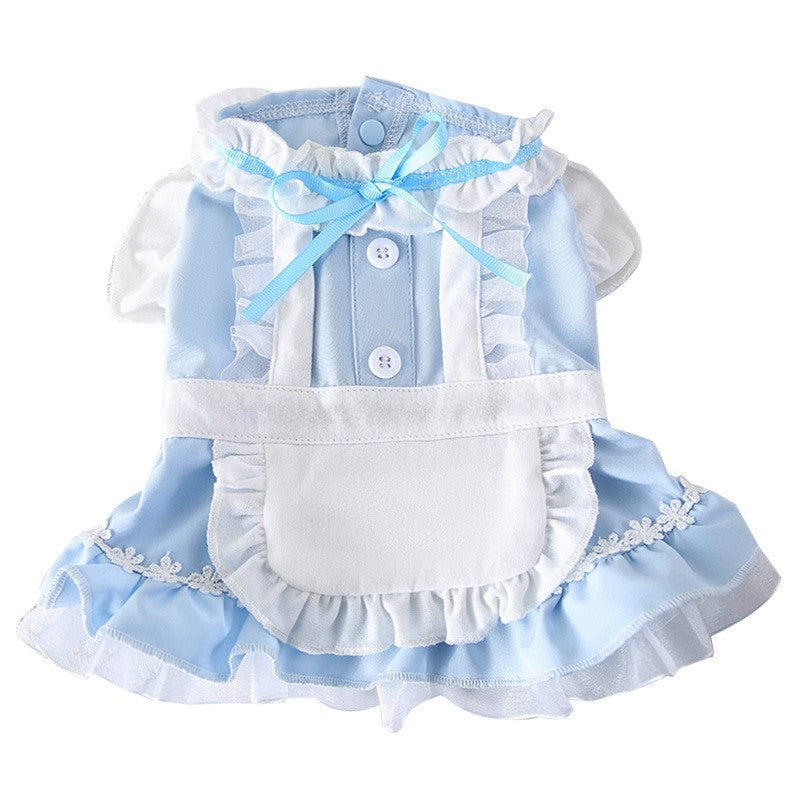 Robe de princesse mince pour chien à deux pattes en polyester bleu avec détails en dentelle.