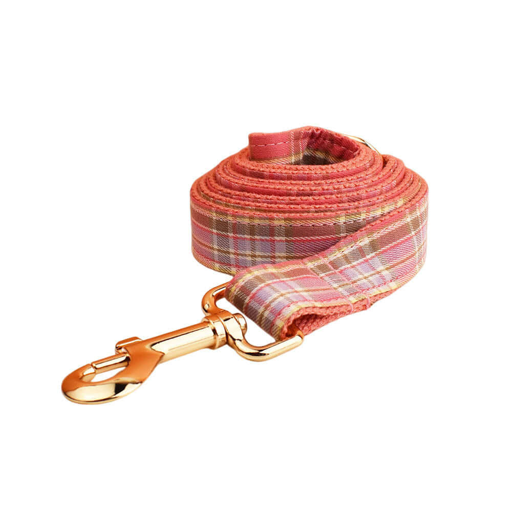 Laisse à carreaux pour chien en coton biologique avec mousqueton doré, idéale pour les promenades élégantes.