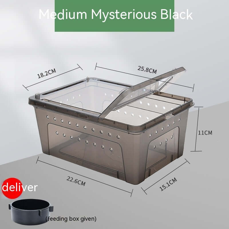 Medium Mysterious Black Glass Food Box for turtles, dimensions 25.8x18.2x11cm, with feeding box included.