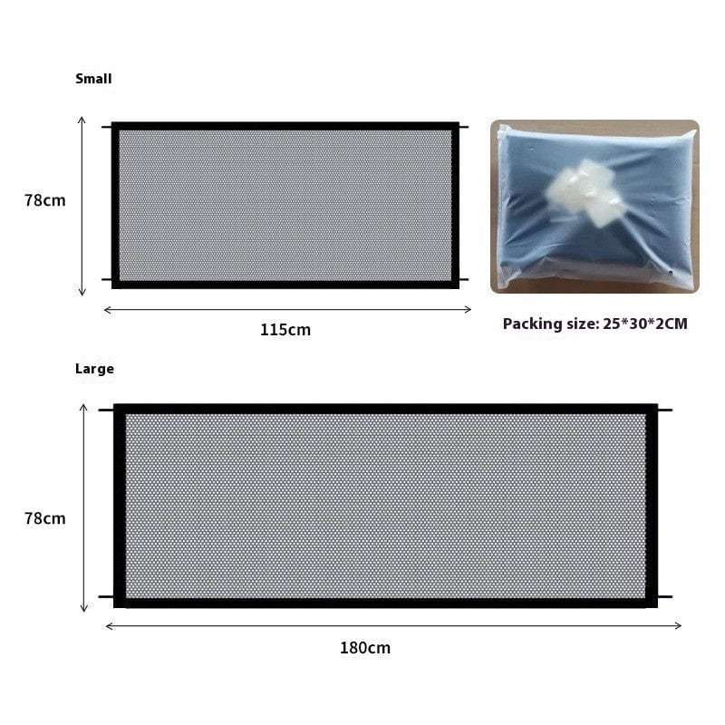 Dimensions of Portable Isolation Network for pets: Small 115cm x 78cm, Large 180cm x 78cm, packaging size 25*30*2cm.